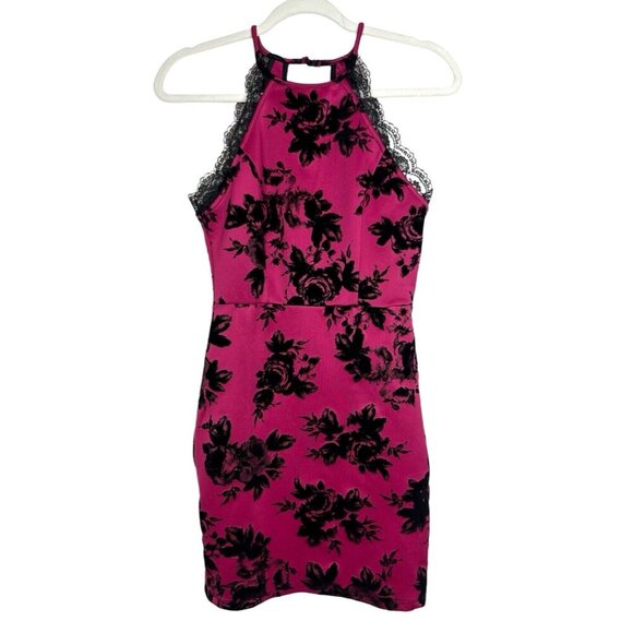 90s Pink Halter Dress Size Small Black Velvet Flowers Lace Mini Semi Formal HOCO - Picture 1 of 10
